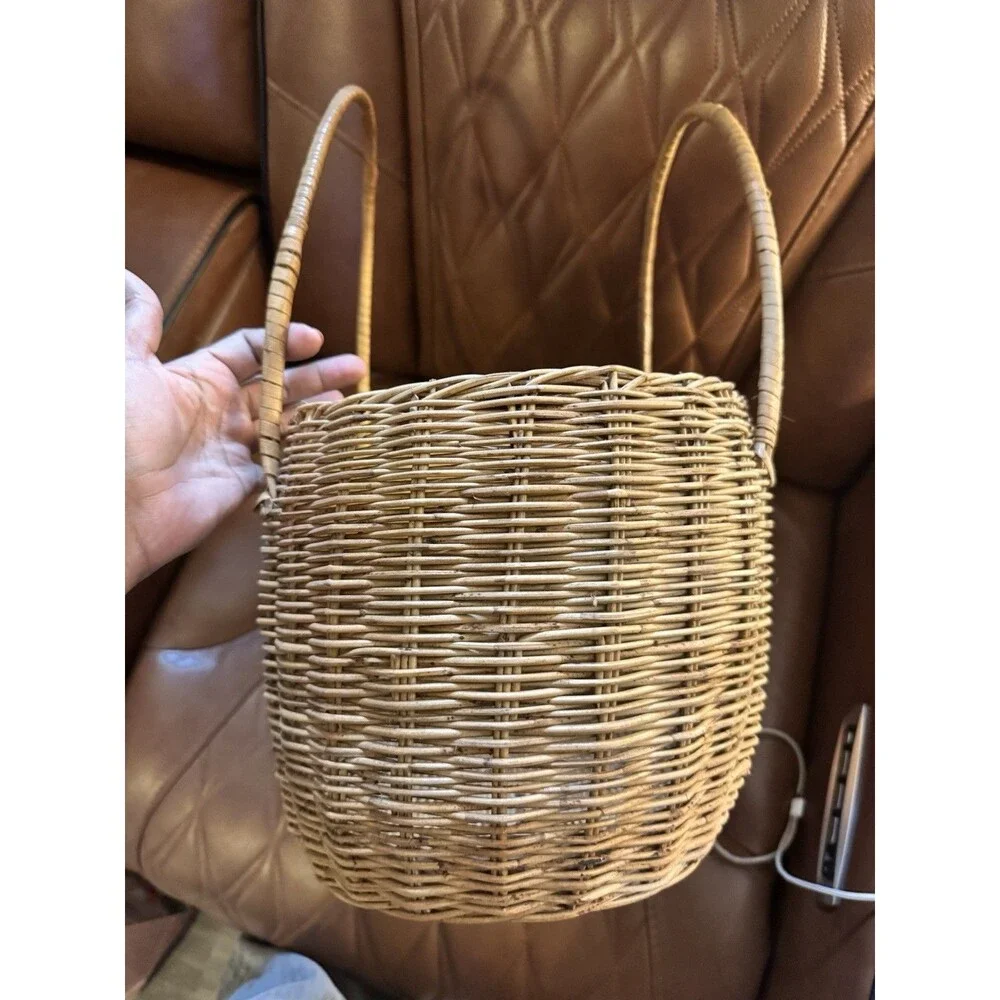 Vintage Large Wicker Basket with Handles Rustic Farmhouse Storage Laundry